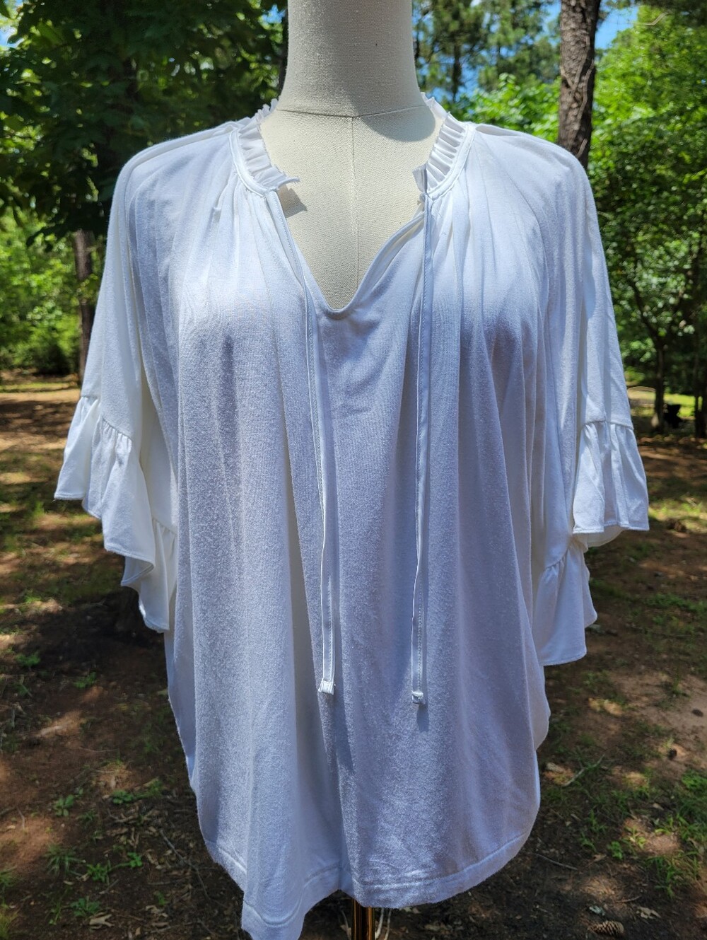 J. Crew White Ruffle Sleeve Tie-Neck Tunic Top